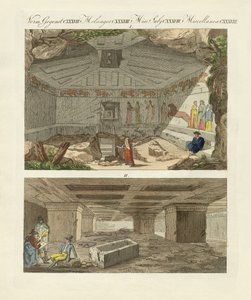 Etruské katakomby ve starém městě Tarquinia (barevná rytina) od German School