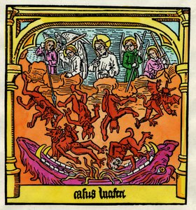 Pád Lucifera a rebelských andělů, ilustrace z kopie ‚Biblia Pauperum‘ od German School