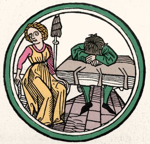 Čtyři temperamenty: Melancholická (smutná a depresivní) xylografie, Augsburg 1480 od German School