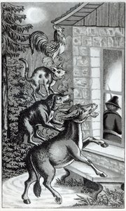Čtyři zvířátka křičí u okna, ilustrace k pohádce Bratří Grimmů Muzikanti z města Brém. od German School