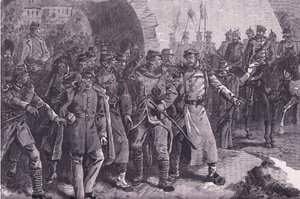 Francouzská armáda opouštějící Metz, Cassells Historie války mezi Francií a Německem vydaná Cassell and Company Limited, kolem roku 1890 (litho) od German School