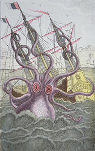 Kraken táhne dolů loď (barevná rytina) od German School