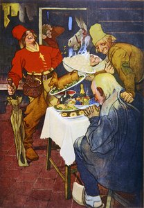 Kouzelný stůl a zlatý osel, ilustrace pohádky bratří Grimmů od German School