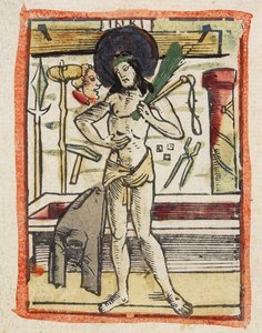 The Man of Sorrows, cca 1480-1490 (ručně kolorovaný dřevoryt) od German School