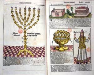 Menora a hebrejský kněz, z Norimberské kroniky od Hartmanna Schedela (1440-1514) 1493 (barevný dřevoryt) od German School