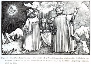 Planetární systémy, z The Consolation of Philosophy od Boethia, vydané v roce 1537, ilustrace z Vědy a literatury ve středověku a renesanci, napsal a vyryl Paul Lacr od German School