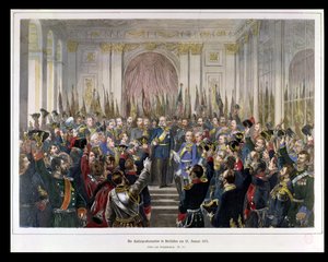 Provolání Wilhelma císařem nové Německé říše v Zrcadlovém sále ve Versailles dne 18. ledna 1871 (barevná rytina) od German School