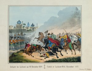 Obléhání města Lucknow v Uttarpradéši během indického povstání v roce 1857, obrazový brožovaný list vydaný P.C. Geisslerem, Norimberk, 1857 od German School
