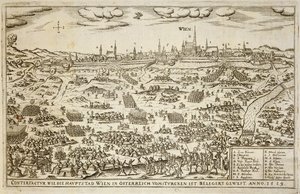 Obléhání Vídně v roce 1529, ilustrace z knihy o osmanských taženích v Evropě, vyryl Paul Furst (c.1605-66) od German School