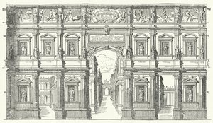 Teatro Olimpico ("Olympijské divadlo") ve Vicenze v severní Itálii (rytina) od German School