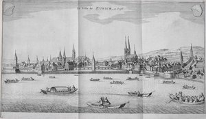 Město Zurich, Švýcarsko, z II. dílu Itinera Alpina od Johanna Jacoba Scheuchzeriho, vydaného v roce 1706 od German School