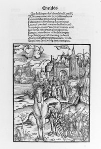 Trojský kůň. Aeneid. Xylografie od Sebastiana Branta. Štrasburk od German School