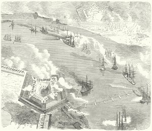 Flotila Unie útočící na Fort Jackson a Fort St Philip, Louisiana, Americká občanská válka, 1862 od German School