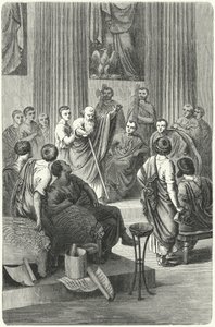 Slepý Appius Claudius Caecus hovořící v římském senátu proti Cineovi, vyslanci Pyrrha z Epiris, 279 př. n. l. (rytina) od German School