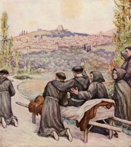 Umírající svatý František žehná městu Assisi (barevná litografie) od German School