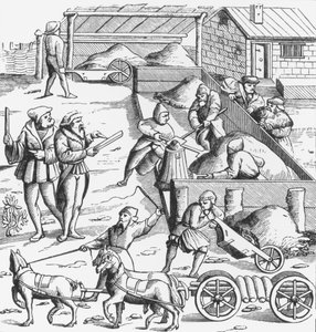 Těžba kovů po dřevorytu v Cosmographie Universelle of Munster, publikovaném 1552 od German School