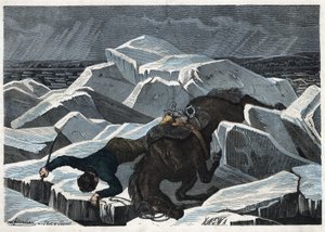 Pád hraběte Sandora a jeho koně na rozbitém ledu Dunaje. V „“ Wenn Jemand eine Reise thut, tak kann er was erzahlen““ (Když někdo cestuje, tohle může vyprávět), německá pohádka Franze Wiedemanna od German School