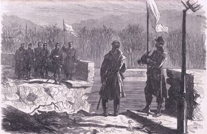 Mírová jednání – schůzka u mostu v Sevres, Cassells History of the War between France and Germany vydané nakladatelstvím Cassell and Company Limited, kolem roku 1890 (litho) od German School
