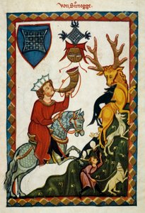 Požitky z lovu: král Radin z Hohenstaufenu, král sicilského (Itálie) a jeruzalémského (Izrael) pod jménem Conrad II., vévoda švábský pod jménem Conrad III a král Římanů pod jménem Conrad V (1252 -1268) loví jeleny. Illuminat od German School