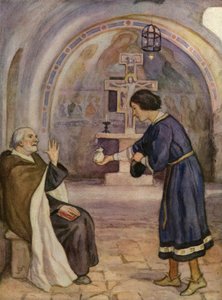 Kněz ze San Damiana odmítající dar svatého Františka na opravu svého kostela (barevná litografie) od German School