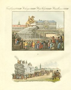 Socha Petra Velikého na koni v Petrohradu (kolorogravírování) od German School