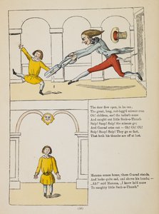 Příběh o malém cucáku. Conrad, malý chlapec, který si cucá palce, je nechává stříhat nůžkářem, krejčím (barevná rytina) od German School