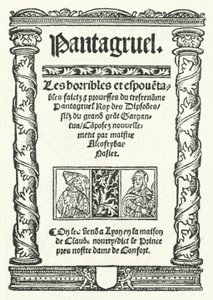 Titulní strana z nejstaršího známého vydání Pantagruela, románu Francoise Rabelaise (rytina) od German School