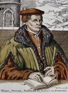 Thomas Muntzer, cca 1600 (ručně kolorovaný dřevoryt) od German School