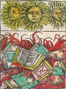 „Tři slunce a pálení knihy“, publikované v Norimberské kronice, 1493 od German School