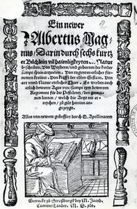 Titulní strana pro nového Albertuse Magnuse: šest krátkých knih popisujících mnohá tajemství přírody, vydaná v roce 1514 (dřevořez a knihtisk) od German School