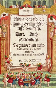 Titulní strana z Lutherovy bible, kolem roku 1530 (barevný dřevoryt) od German School