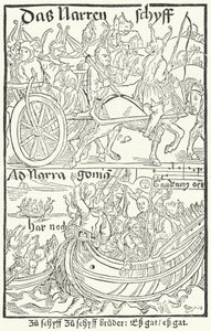 Titulní list z prvního vydání Lodi bláznů Sebastiana Branta, vytištěného Johannem Bergmannem von Olpe v Basileji v roce 1491 (rytina) od German School