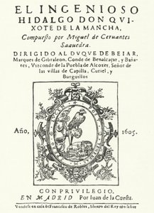 Titulní strana z prvního vydání románu Don Quijote od Miguela de Cervantese (rytina) od German School