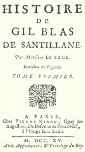 Titulní strana prvního vydání Gil Blas od francouzského romanopisce a dramatika Alaina-Rene Lesage, vydaného v roce 1715 (rytina) od German School