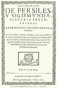 Titulní strana prvního vydání španělského romanopisce Miguela de Cervantese The Works of Persiles and Sigismund (The Works of Persiles and Sigismund) od German School
