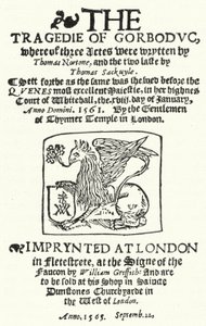 Titulní strana prvního vydání Tragédie Gorboduc (1565), Thomas Norton a Thomas Sackville (rytina) od German School