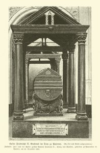 Hrob Fridricha II., císaře Svaté říše římské, v katedrále Palermo, Sicílie (rytina) od German School