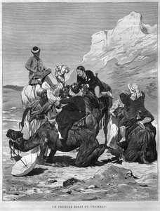 Turisté na velbloudech zpět, z LEgypta Georga Moritze Eberse (1837-98), 1881 (č. rytina) od German School
