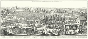 Cestovatelé navštěvující léčivé prameny ve vesnici Hornhausen, 1646 (rytina) od German School
