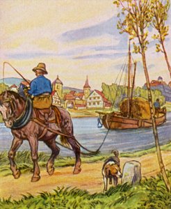 Treidelschiff / Vlečný člun (barevná litografie) od German School
