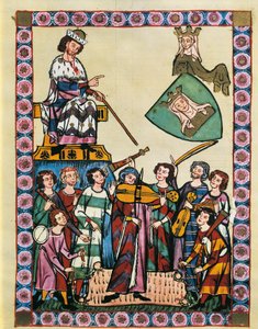 Trubadúři před německým císařem a jeho dvorem, z „Manesse Codex“ (vellum) od German School