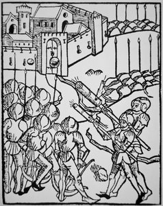 Použití ručních zbraní v 15. století, ilustrace z ‚Rudicum Novitiorum‘ od German School