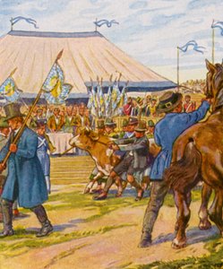 Viehpreisverteilung / Rozdělení cen hospodářských zvířat (barevná litografie) od German School