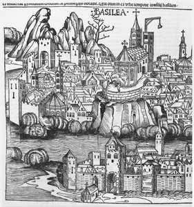 Pohled na Basilej, ilustrace z Norimberské kroniky od Hartmanna Schedela (1440-1514) 1493 od German School