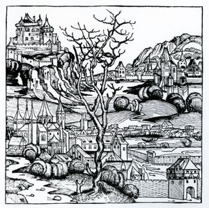 Pohled na Portugalsko z „Norimberské kroniky“ 1493 (dřevořez) od German School