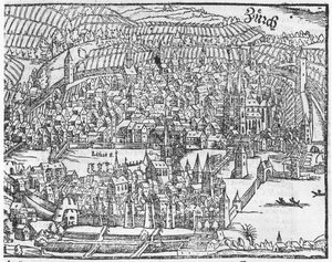 Pohled na Curych, z Cosmographie Universelle od Sebastiena Munstera (1488-1552) Basilej, vydáno 1559 od German School