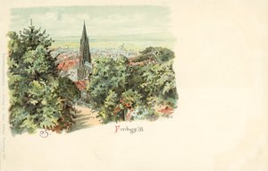 Pohled na město Freiburg, Německo, s jeho katedrálou (chromolitho) od German School
