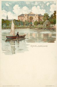 Pohled na město Karlsruhe v Německu (chromolitho) od German School