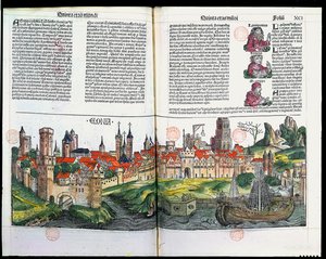 Pohled na město Kolín nad Rýnem z Norimberské kroniky od Hartmanna Schedela, 1493 (barevná dřevorytina) od German School