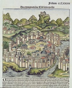Pohled na opevněné město Konstantinopol, z Norimberské kroniky od Hartmanna Schedela (1440-1514) 1493 (dřevěný blok) od German School